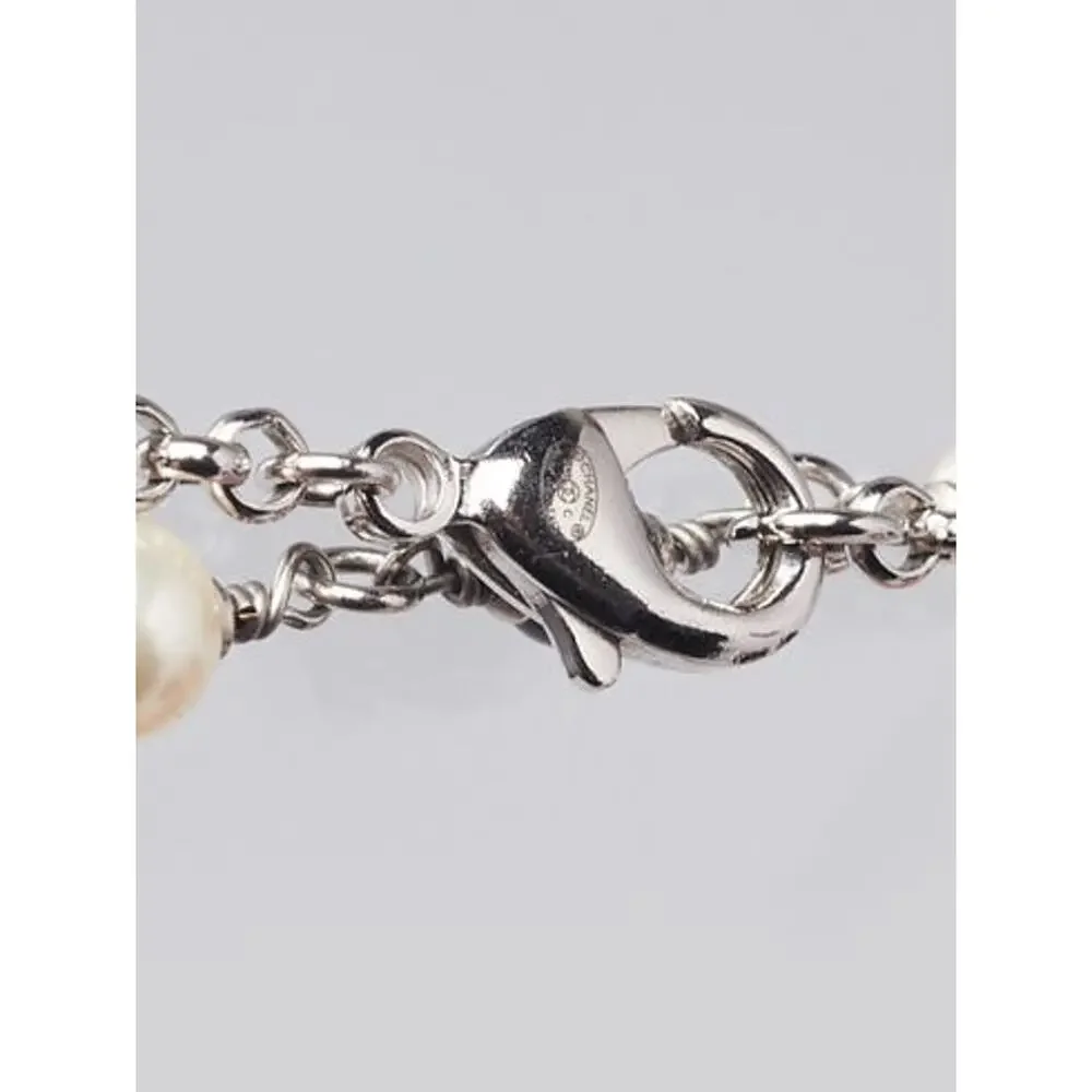 Chanel Silver-tone Beaded Faux Pearl Interlocking CC Long Necklace
